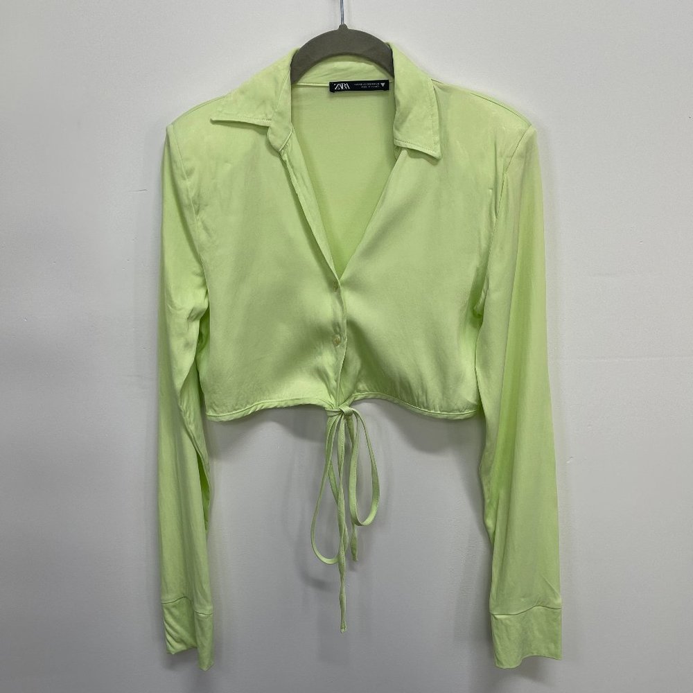 ZARA Satin Effect Longsleeve Cropped Blouse w/ Tie. Lime Green, Women's Size XS